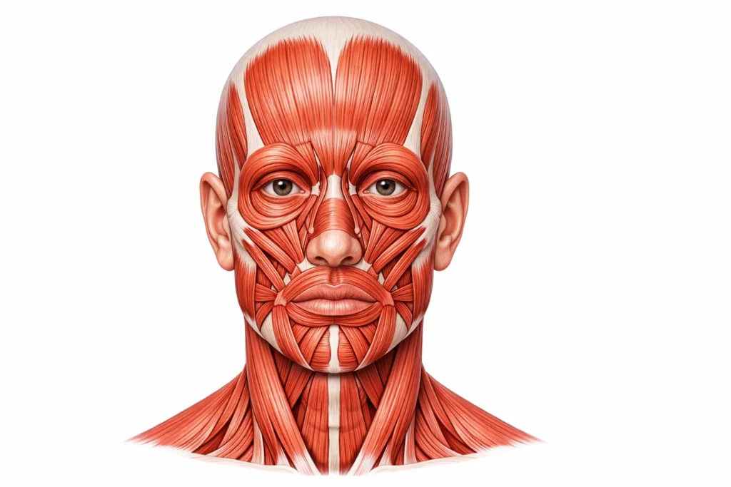 Facial muscles diagram showing detailed anatomical structure of human face muscles