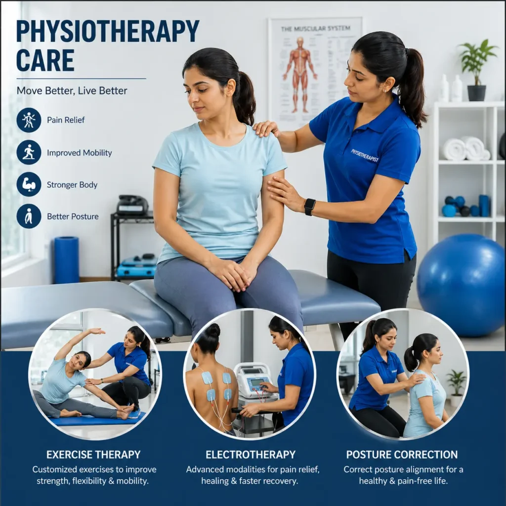 Physiotherapist providing shoulder treatment to a female patient in a clinic, highlighting pain relief, mobility improvement, exercise therapy, electrotherapy, and posture correction services.