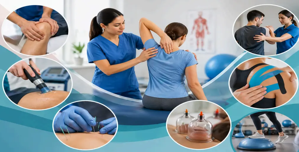 Collage of physiotherapy treatments including shoulder therapy, knee treatment, ultrasound therapy, acupuncture, cupping therapy, taping, and balance exercises in a rehabilitation clinic.
