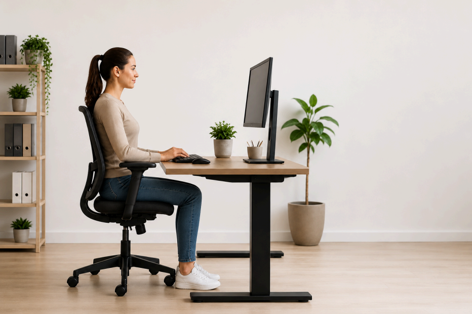 Woman sitting with proper ergonomic posture at an office desk while working on a computer in a modern workspace.