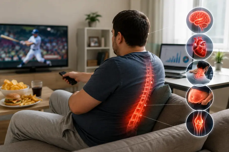 Overweight man sitting on a sofa watching television with highlighted spine pain, showing health risks of a sedentary lifestyle including back pain, neck pain, obesity, heart disease and joint problems.