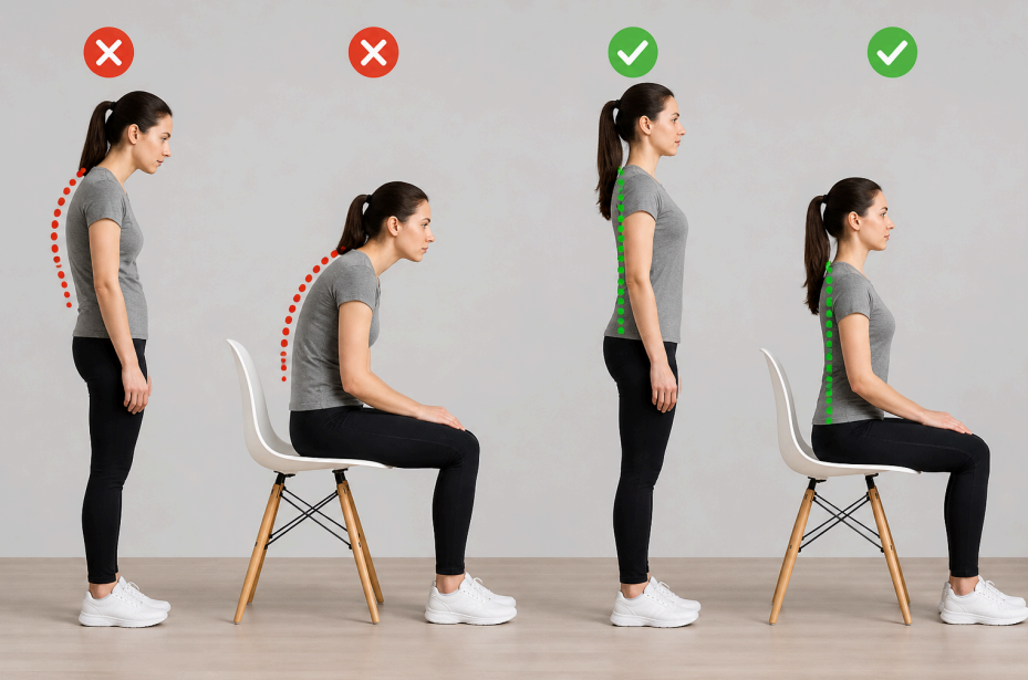 Comparison of poor and correct posture while standing and sitting, showing spinal alignment with red incorrect posture signs and green correct posture signs.