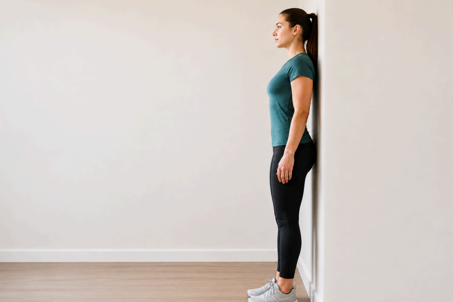 Woman performing a wall posture alignment exercise by standing straight against a wall to improve spinal posture and body alignment.